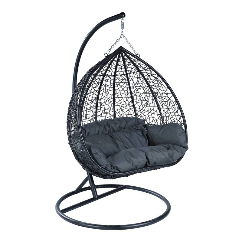 Hanging Swing Chair with Weave Design and Teardrop Shape in Black Frame - Dark Grey