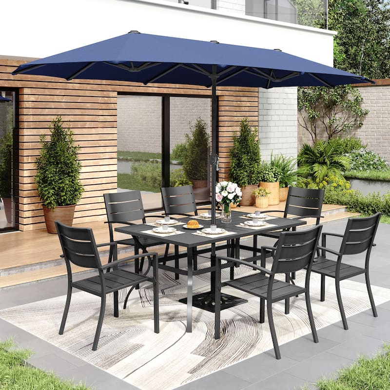 MAISON ARTS 8-Piece Outdoor Dining Set with 13ft Umbrella, Metal Rectangle Table & 6 Stackable Chairs - Navy Umbrella