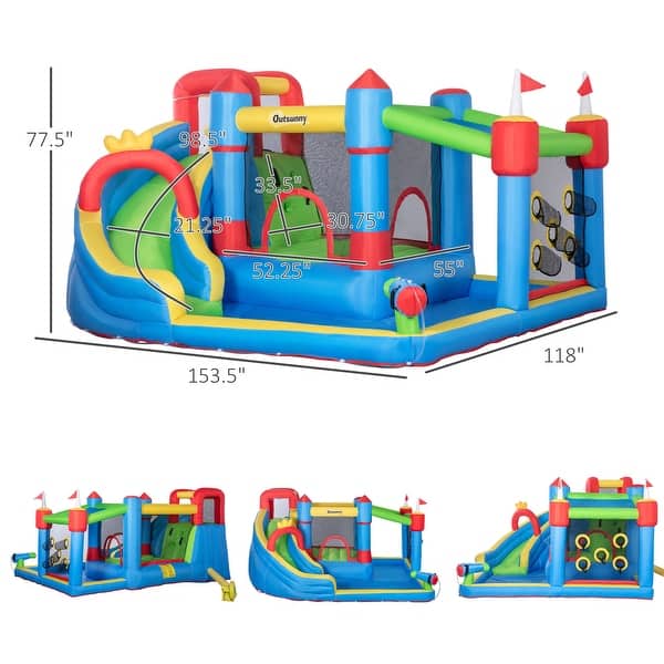 Outsunny 6-in-1 Inflatable Water Slide, Kids Castle Bounce House Includes Slide, Trampoline, Pool, Water Gun, Climbing Wall