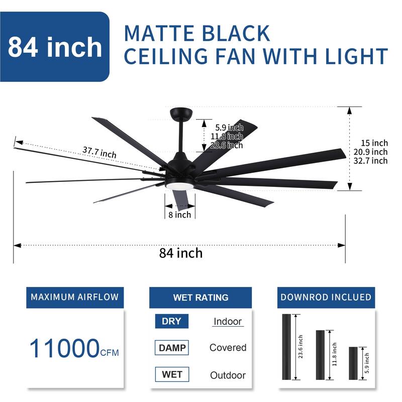 YUHAO 84 In. Indoor/Outdoor Modern Industrial Large Windmill Aluminum Blade Ceiling Fans With Lights, Quiet DC Motor and Remote