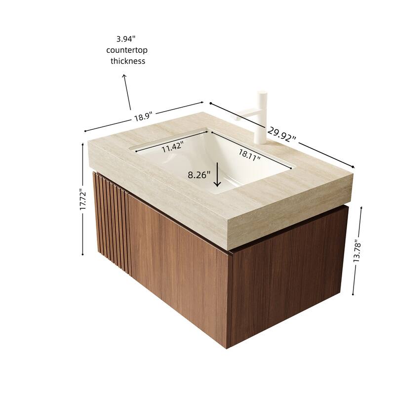 30"/36"/48" Wall-Mounted Bathroom Vanity with Ceramic Sink, Sintered Stone Countertop Floating Bathroom Storage Cabinet