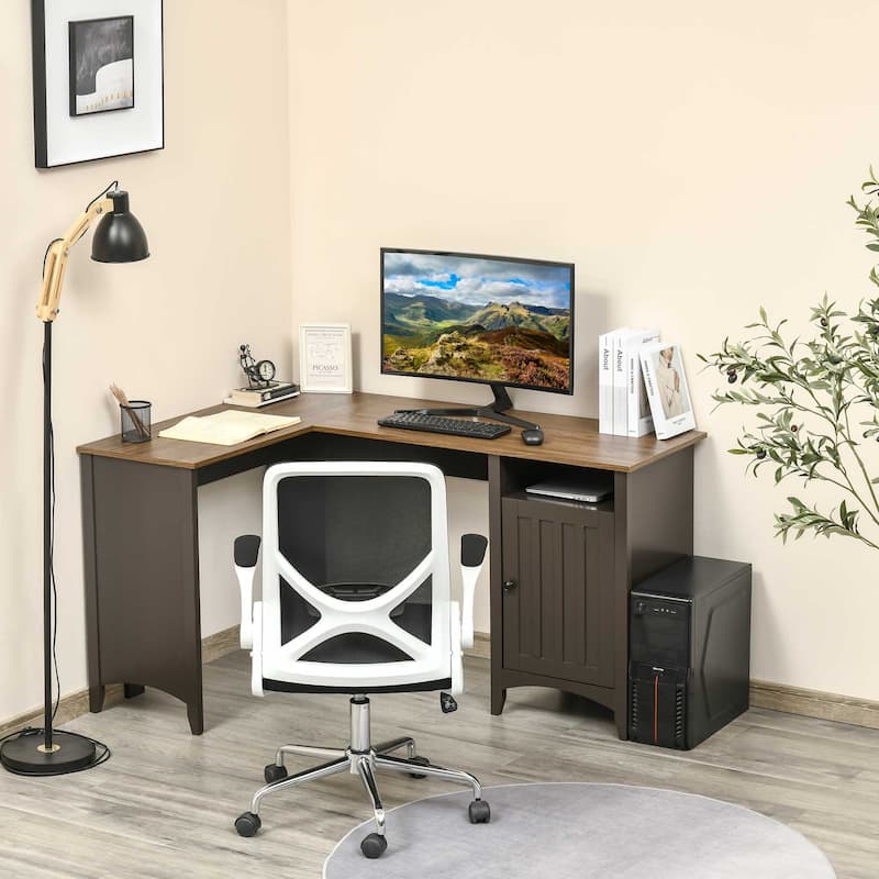 HOMCOM L-Shaped Computer Desk with Open Shelf and Storage Cabinet, Corner Writing Desk with Adjustable Shelf