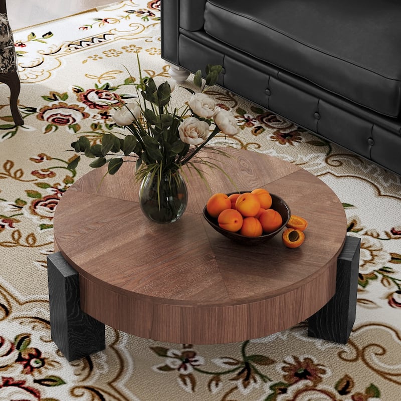 33" Modern Wabi-Sabi Wood Parquet Veneer Top Coffee Table with Hidden Storage