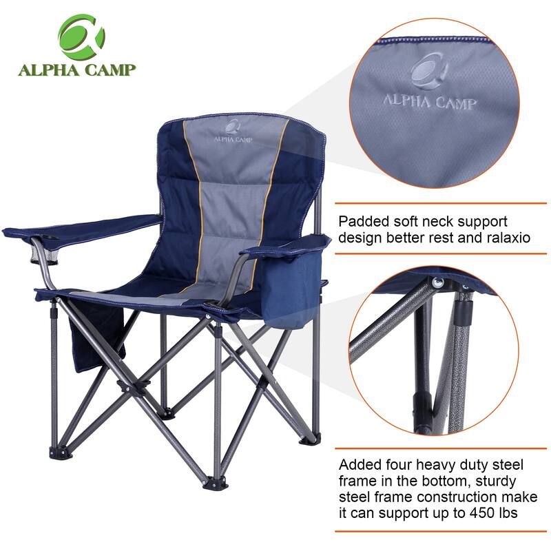 Oversized Camping Folding Chair Heavy Duty Support 450 LBS Steel Frame Collapsible Padded Arm Chair with Cup Holder