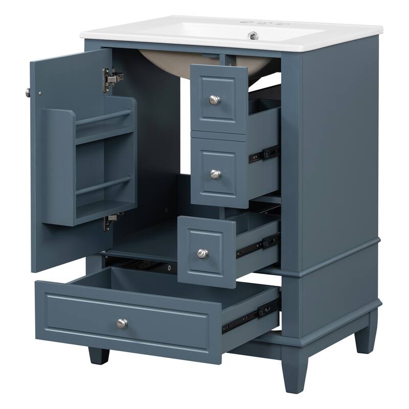 24" Bathroom Vanity with Sink and Drawers, with Ceramic Top and Storage Shelves, Modern Sink Cabinet for Small Bathrooms