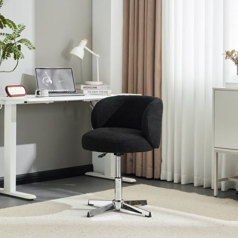 Cute Modern Teddy Swivel Chair Armless Adjustable Height Office Desk Chair with No Wheels and Backrest Support - N/A - Black