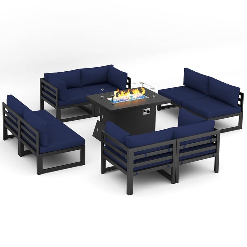 FINCATI 9 Piece Extra-large Outdoor Furniture Aluminum Patio Set with Propane/Natural Gas Firepit Table