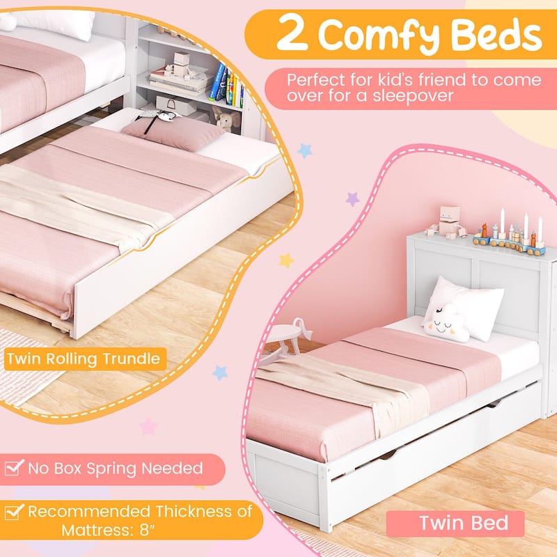 Gymax Full/Twin Wooden Platform Bed with Trundle Storage Headboard