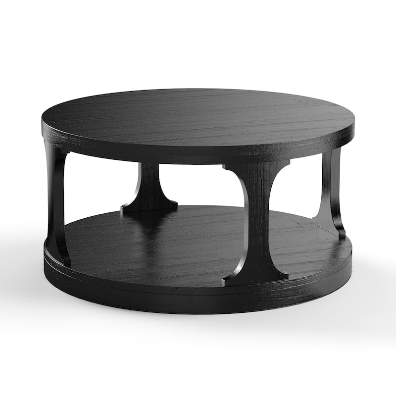 36" Modern Antique Black Solid Wood 2-Tier Round Coffee Table