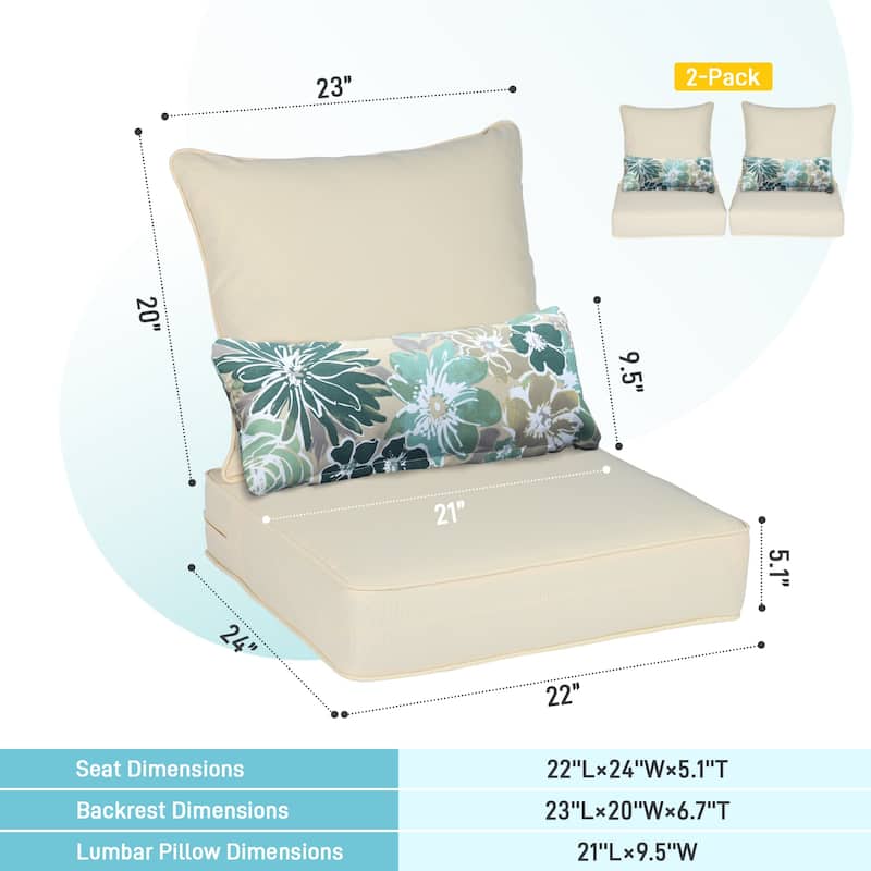 Aoodor 22'' x 24'' Outdoor Deep Seat Chair Cushion Set(Set of 2 Seats, 2 Backs, 2 Pillows） - N/A