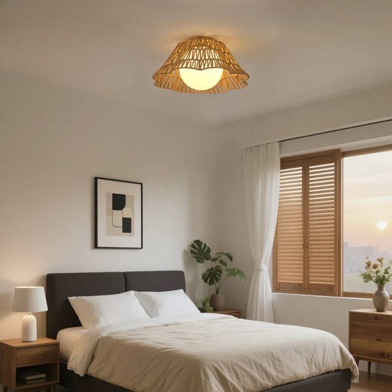 Boho Paper Rope Flush Mount Ceiling Light 1 Light Copper Finish with Woven Shade