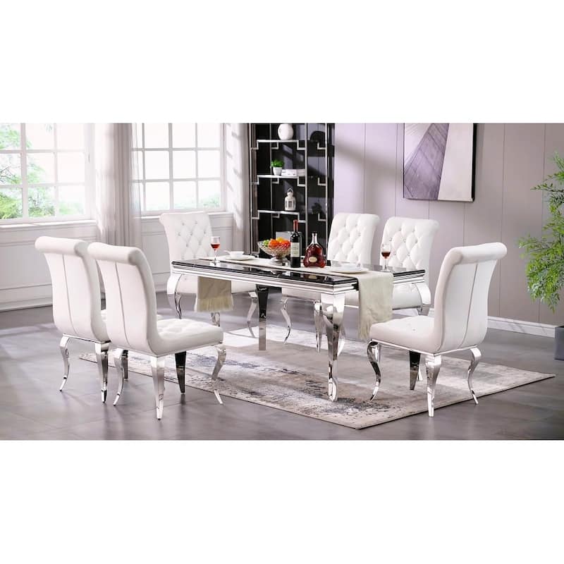 Luxury White Velvet Dining Chairs with Crystal Decor Button Tufted Back and Mirrored Silver Legs