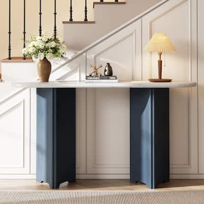 Narrow Console Table, Entryway Table with Oval Faux Marble Top, Rustic Sofa Table with Curved Legs
