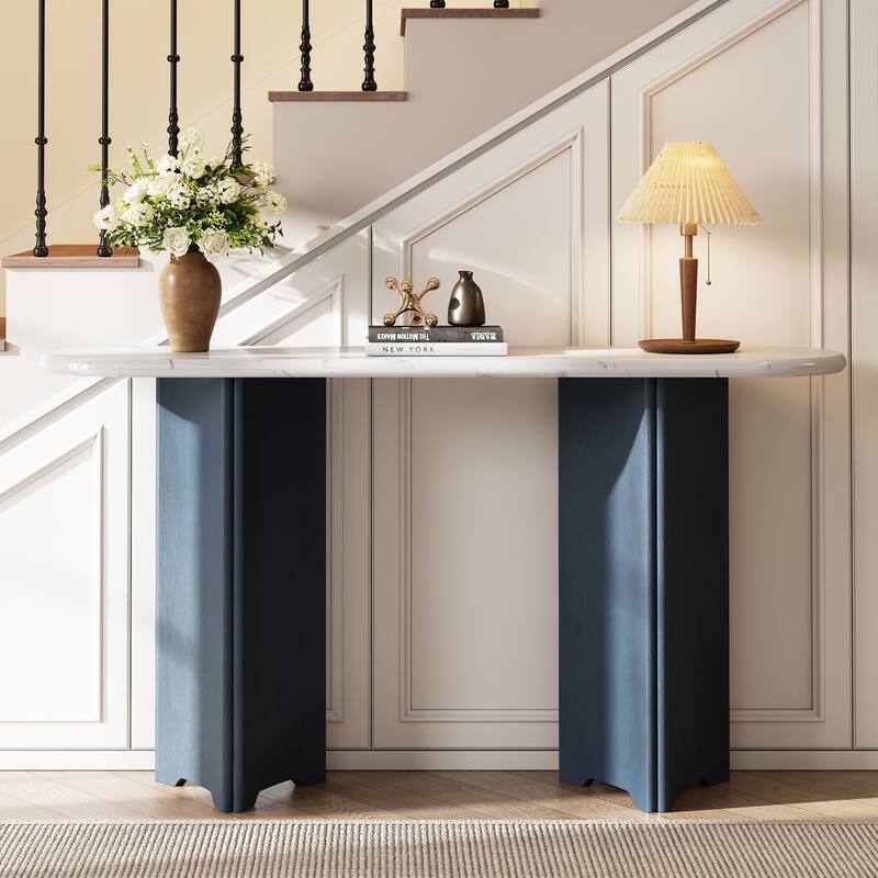 Narrow Console Table with Oval Faux Marble Top