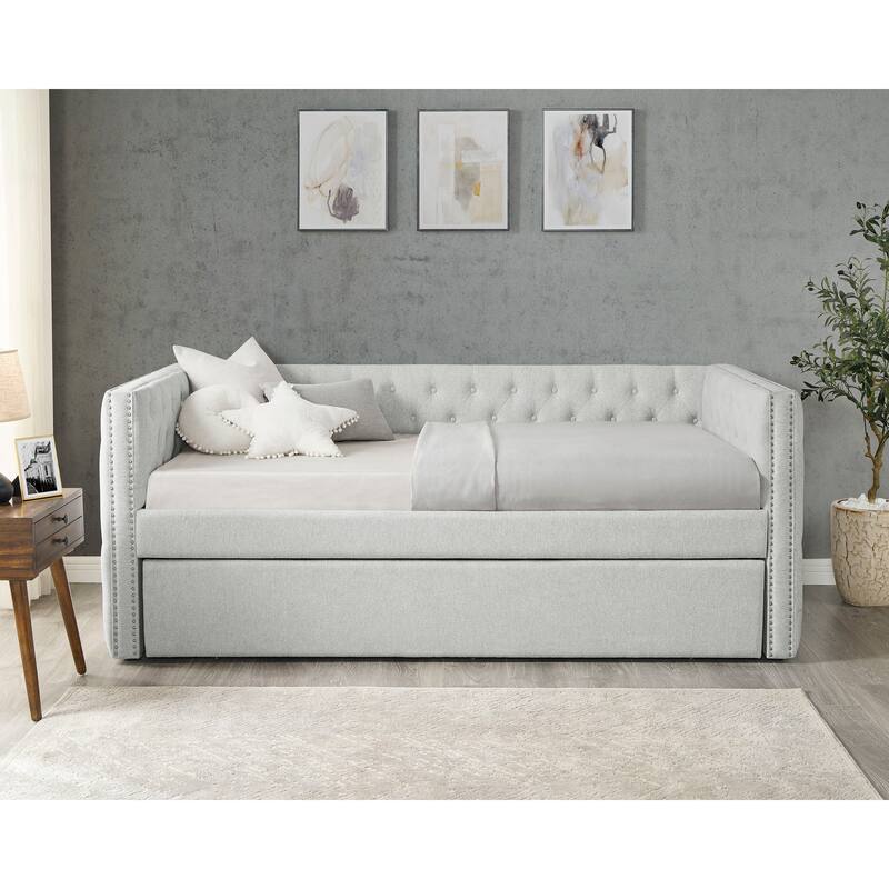 Luxurious 1pc Modern Daybed Button Tufted Nailhead Trim Bedroom Living Room Furniture Dove Gray Finish