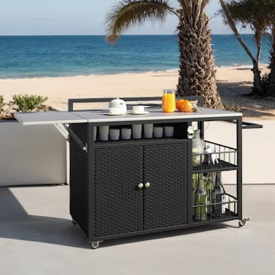 Outdoor Kitchen Cart w/ Foldable Steel Top, Lockable Wheels, PE Rattan