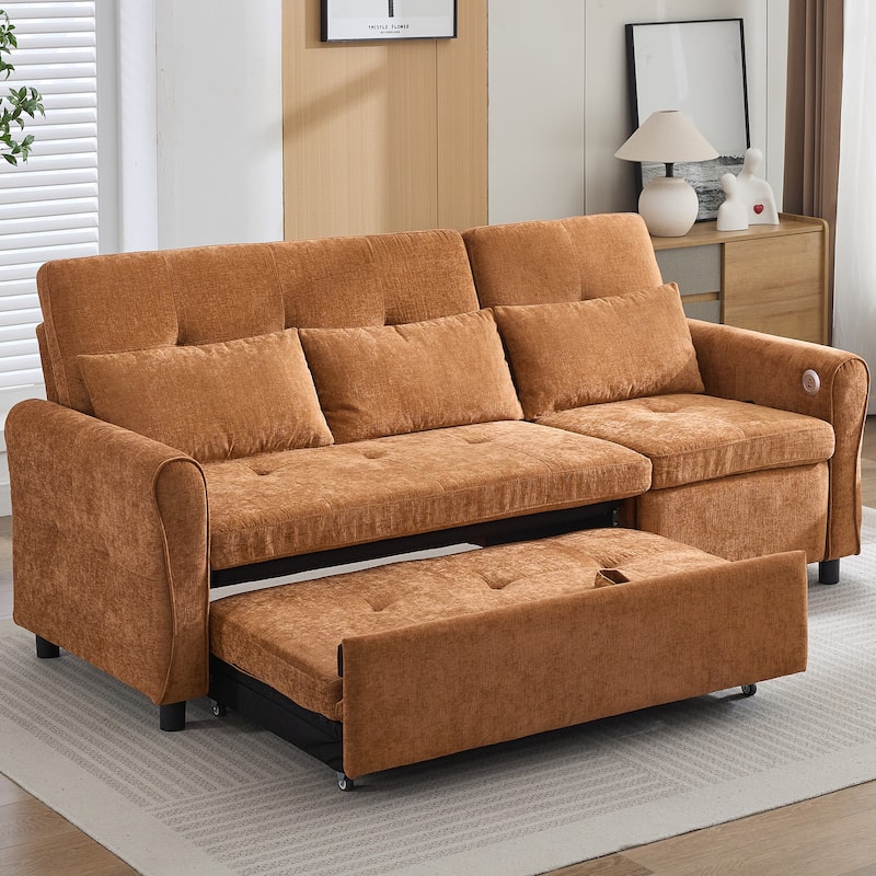 2-in-1 Sleeper Sofa Bed, 3 Seater Sectional Sofa with Pull Out Bed, Reversible Recliner Sofa with Pillows and USB Port