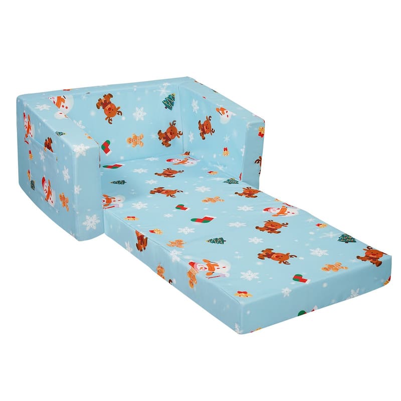 Sky Blue Foam Foldable Kids Sofa Bed with Printed Fabric and Zippers - 40.94” L x 22.83” W x 12.60” H