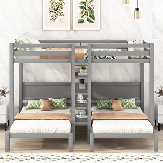 Solid Wood Full XL over Twin&Twin Bunk Bed with 4 Shelves and Ladder ...