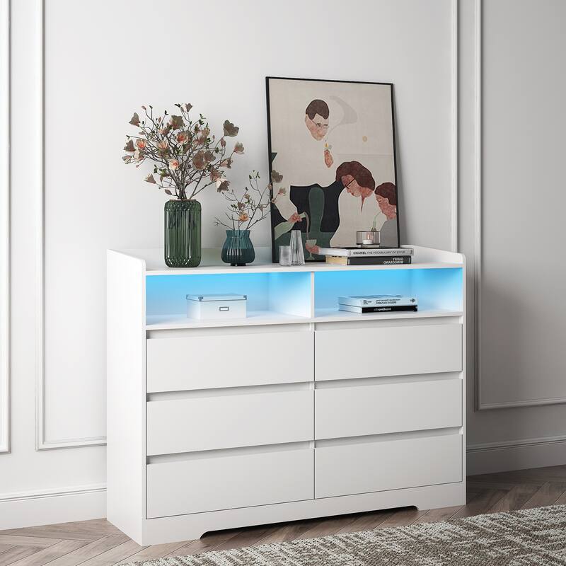 6-Drawer Dresser with LED Lights, Modern Dressers with Sturdy Frame for Living Room