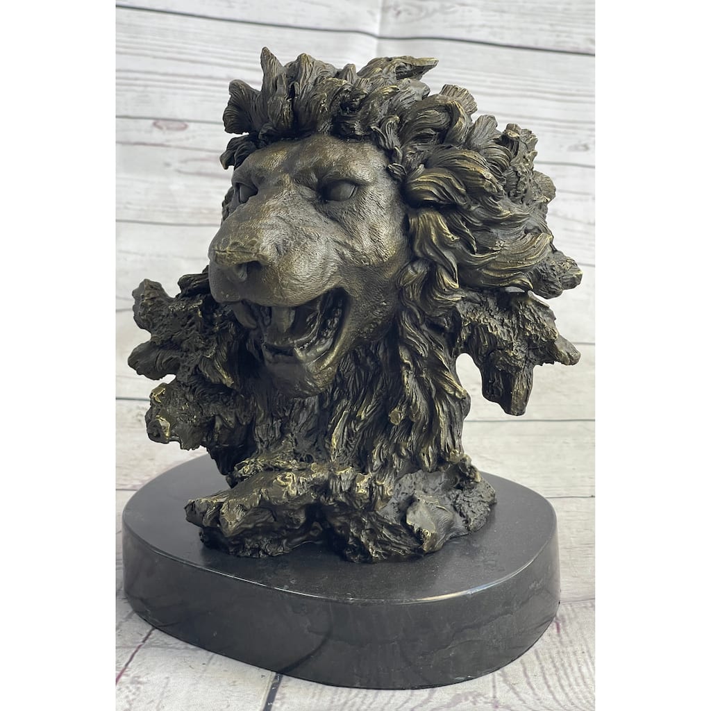 Roaring Imitative Lions Head Imitative Lion Bust Bronze Sculpture Statue Figure Marble Base 9 Inches X 7 Inches