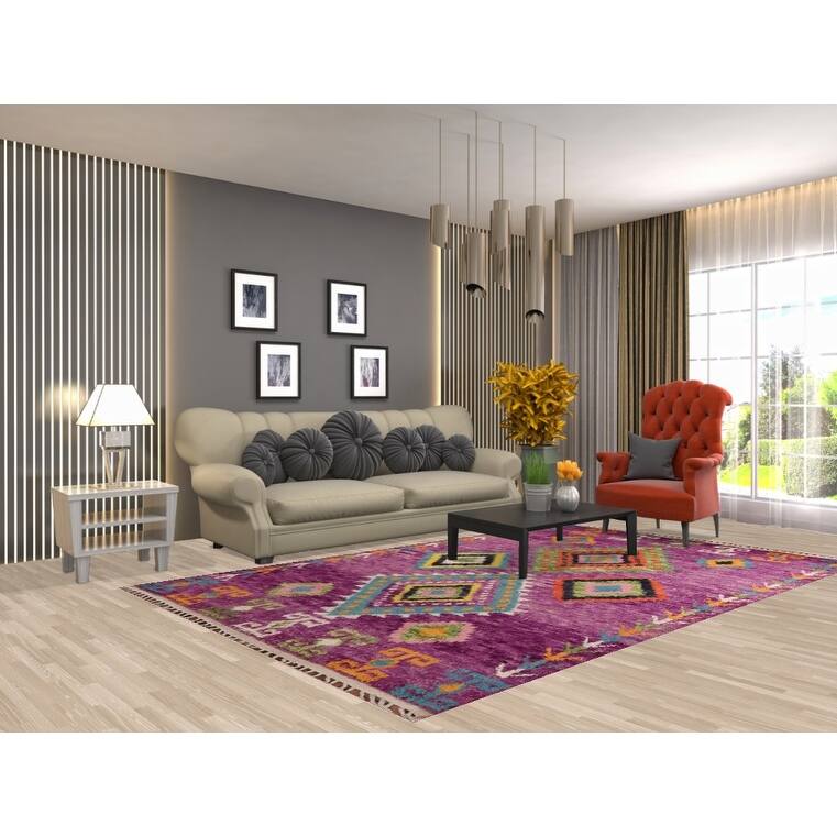 Purple Geometric Plush Moroccan Area Rug Hand-Knotted Wool Carpet - 6'0" x 9'7"