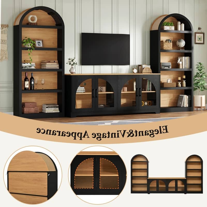 Farmhouse 3-Piece TV Stand Set for TVs Up to 70", Entertainment Center with Arched Sideboard and Glass Doors for Living Room