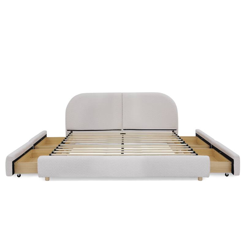 Fabric Upholstered Platform Bed Frame with Curved Headboard/4 Built-in Wheeled Storage Drawers/Sturdy Legs Support/Easy Assembly