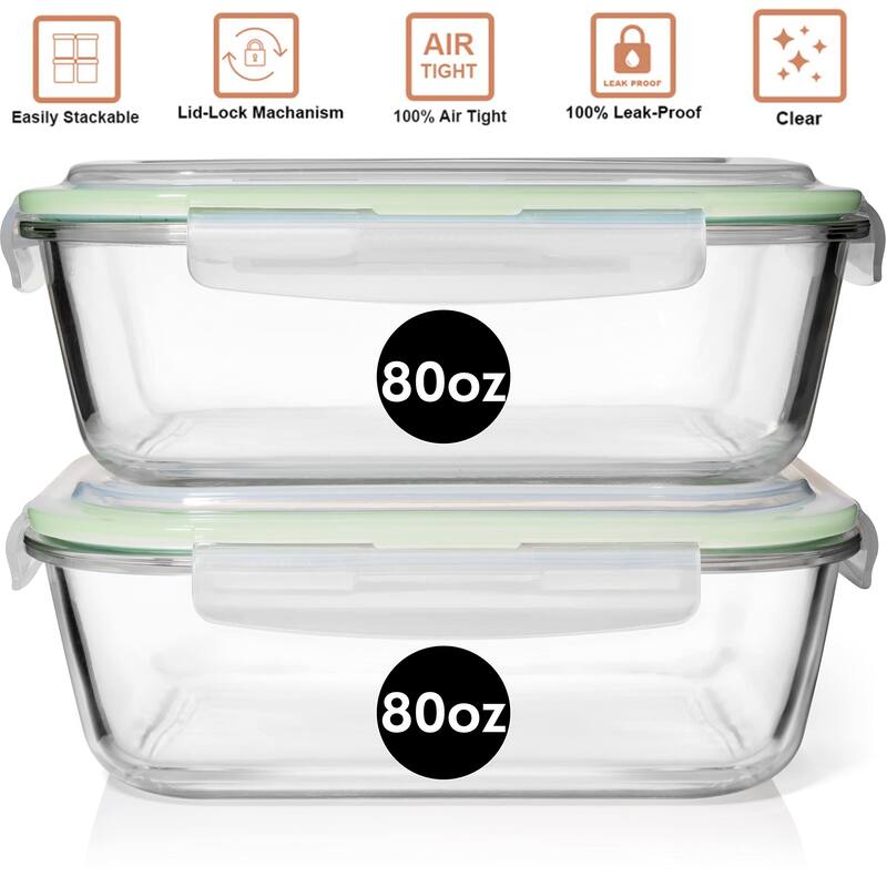 10 Cups/ 80 Oz 4 Pc (Set of 2) Glass Food Storage Containers with Airtight Locking Lids-For Storing & Serving Food.