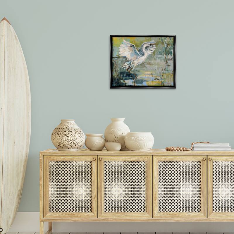 Stupell Radiant Crane at Pond Framed Floater Canvas Wall Art Design By Dusza