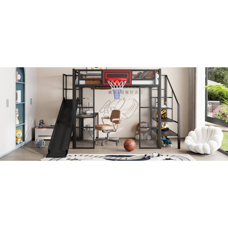 Roomfitters Full Metal Loft Bed with Slide, Desk, Wardrobe and Basketball Hoop, Black
