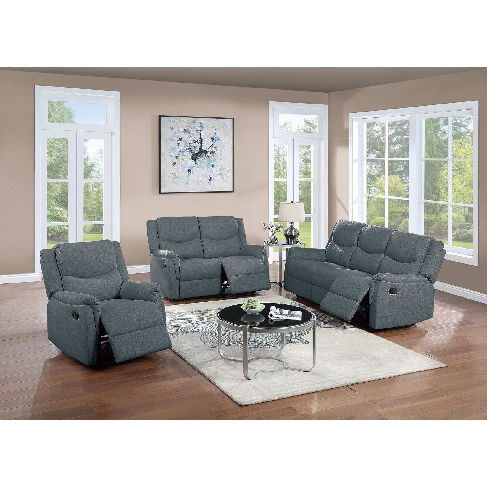 Contemporary Style 3pc Manual Sofa Set Cushion Back Dark Gray Finish