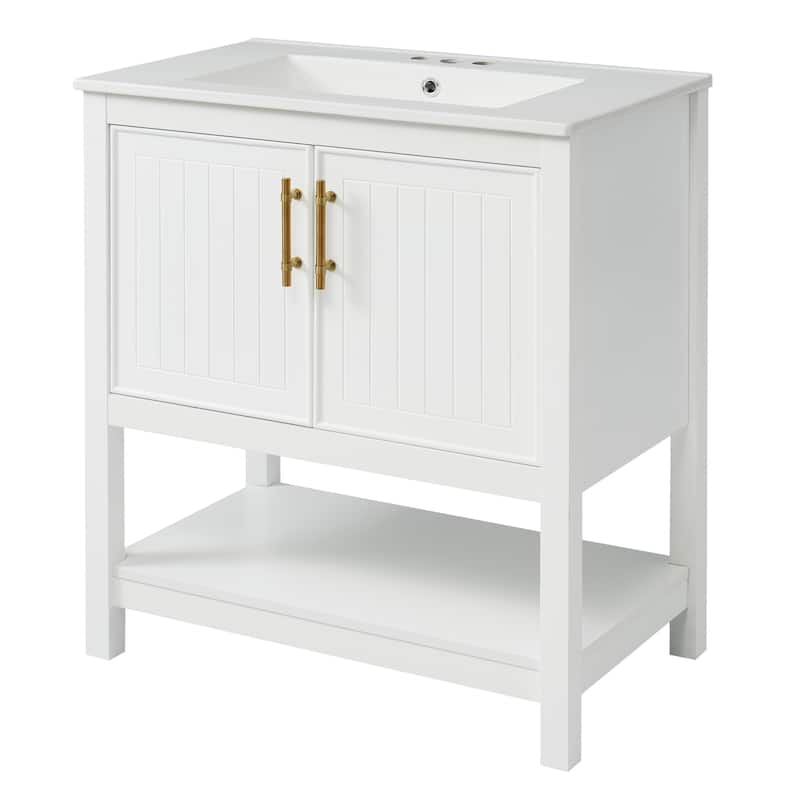 Vertical Stripe Storage Cabinet Versatile Bathroom Vanity with Ceramic Sink, Open Shelf, Door Storage Boxes and Golden Handles