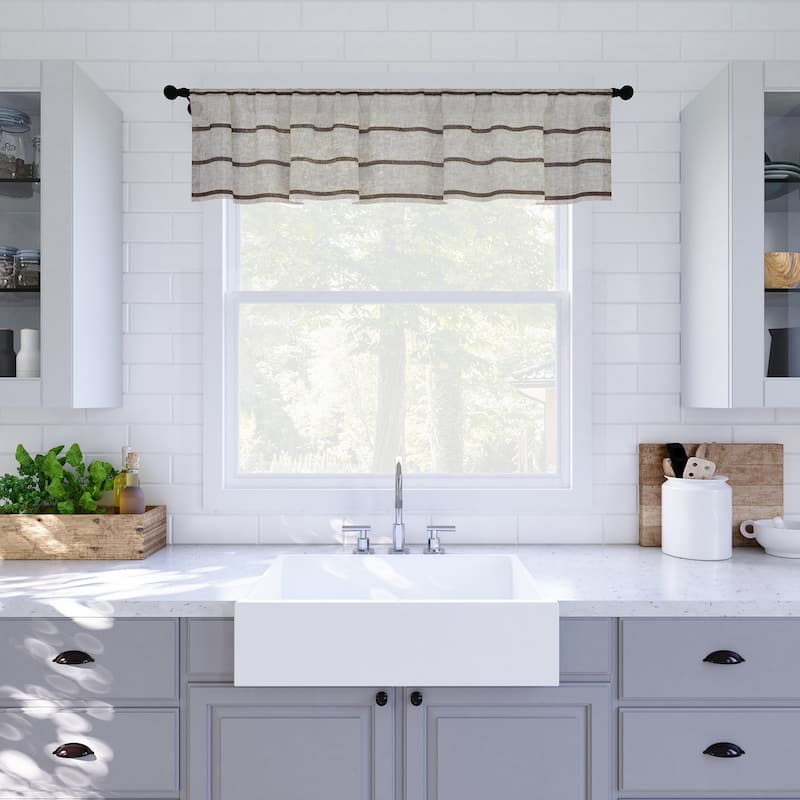 Clean Window Twill Stripe Anti-Dust Linen Blend Sheer Cafe Curtain Valance - Mocha/Linen - 52" x 14"