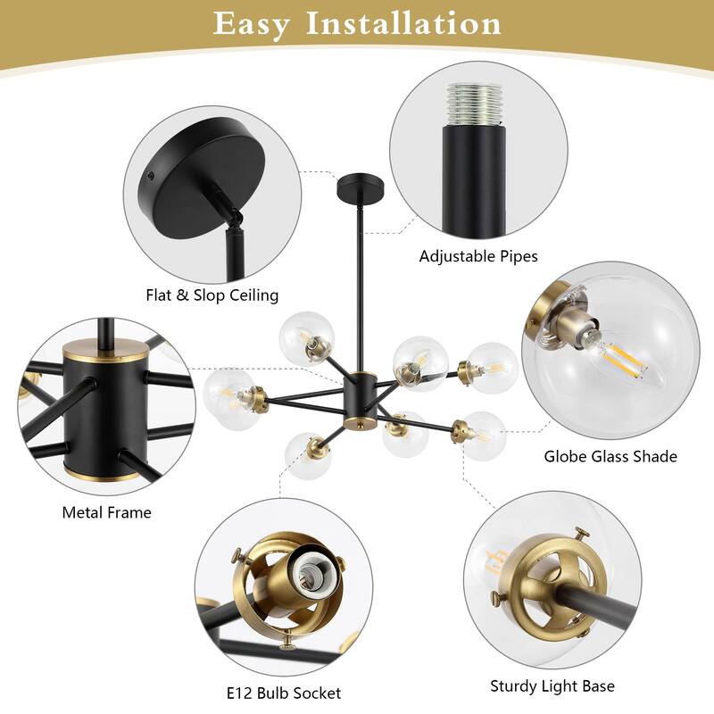 WINGBO 8-Light Modern Chandelier, Sputnik Pedant Light Fixture with Large Clear Glass Globe Shade - N/A