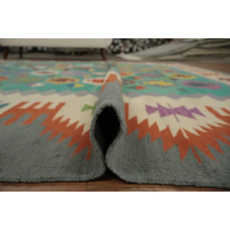 Hand Woven Oriental 100% Wool Carpet Southwestern Tribal Green Kilim Area Rug - 11' 10'' X 9' 0''