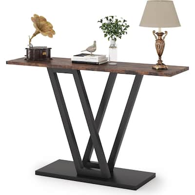 Brown Black MDF Metal Console Entryway Table with V Base Industrial Design - 43.31''L x 11.81”W x31.5”H