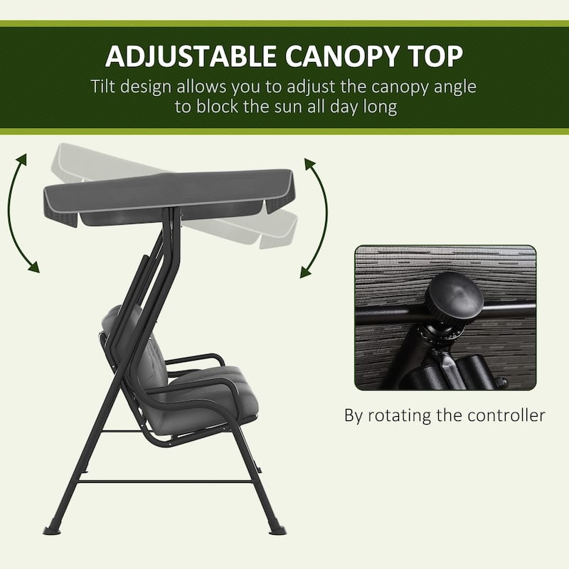 Outsunny Outdoor Patio Porch Swing Bench with Included Adjustable Shade Awning & Comfort Padded Seating for Three People