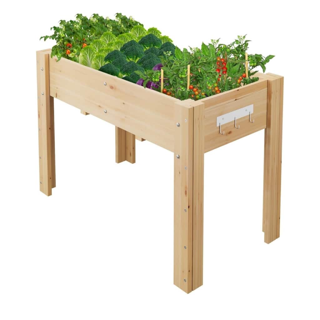 47x30x22 Inch Elevated Wooden Raised Garden Bed with Legs Outdoor Planter Box Stand with Hooks and Fabric Liner - W116xD57xH76cm
