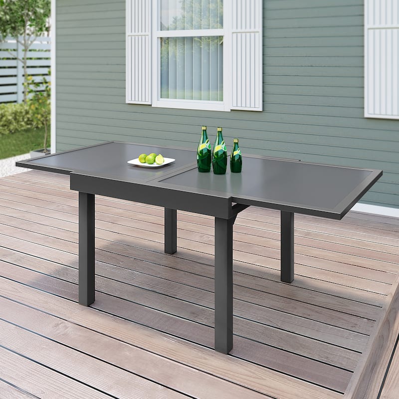 Crestlive Outdoor Aluminum Expandable Dining Table Extension Leaf Glass Tabletop - 35.4"W x 35.4-70.9"L x 29.5"H - Light Gray