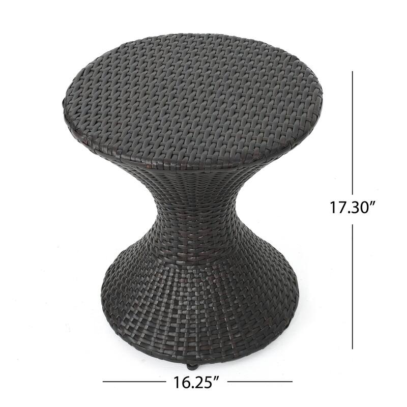 Deno Patio Side End Table, 16 Inch Iron, Hourglass Shape, Brown Wicker