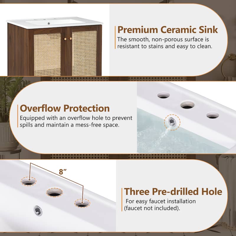 30 Inch Bathroom Vanity with Handwoven Bamboo Doors, Ceramic Sink, Soft Close Freestanding MDF Cabinet