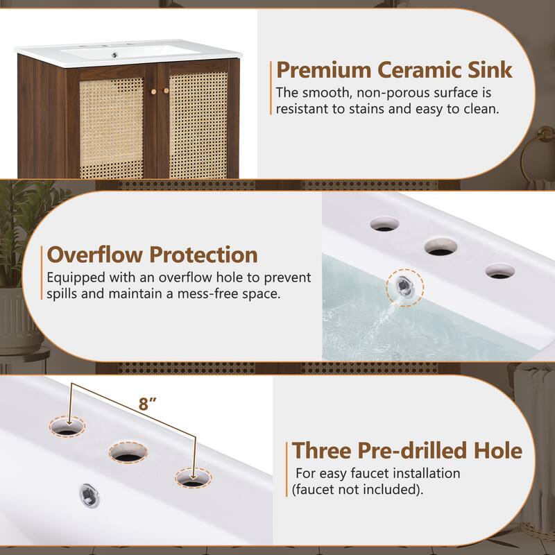 Mid-Century Modern Bathroom Vanity with Undermount Ceramic Sink, Handwoven Bamboo Doors Bathroom Cabinet, Dark Walnut - 30 Inch