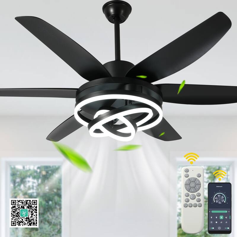 Oaks Aura 56" Dimmable Ceiling Fan with LED Light,Modern Deformable Fan Light with APP Control,6 Reversible Blades,6 Speeds - Black