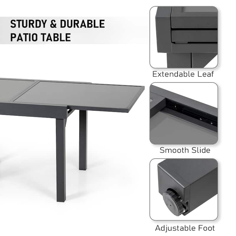 VredHom Outdoor Tempered Glass Top Aluminum Extendable Dining Table - 35.4 in W x 35.4-70.9 in L x 29.5 in H
