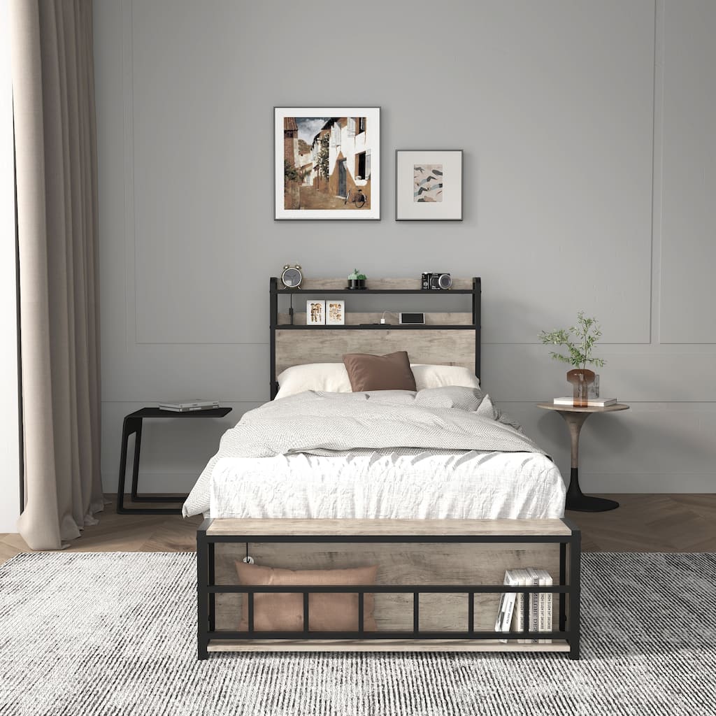 Twin Bed Frame/Charging Station with Outlets/USB/Type-C/Open Shelves on Headboard & Footboard/LED Light/Noise Free/Black Gray