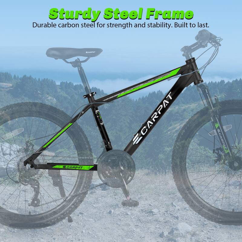 Unisex Mountain Bike - High-Carbon Steel Frame, Suspension, Mechanical Disc Brakes, Shimano Gears - 26
