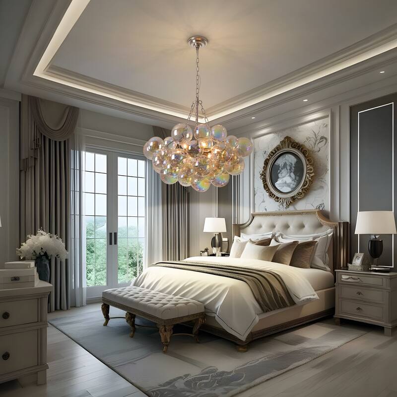 Starsky 6-Light lridescent Bubble Glass Globe chandelier, Hand-Blown Colorful cluster Light, Adjustable Height, Gold or Nickel