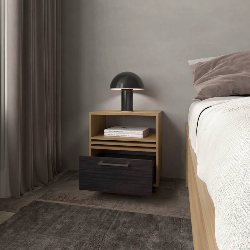 Oak Nightstand with Drawer and Open Storage