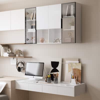 Modern Home Office Oasis: Wall-Mounted Desk & Shelving Unit Combo
